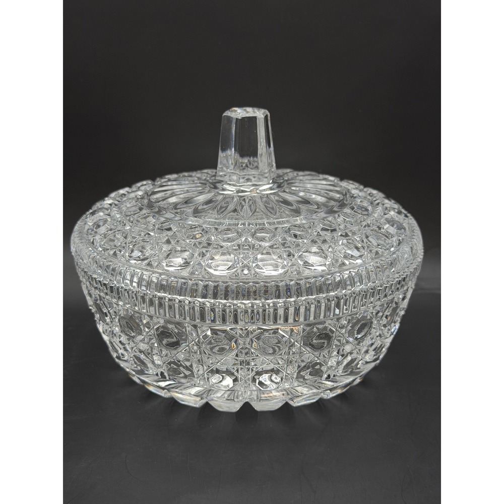 Vtg Cut Cut Lead Crystal Lidded Candy Dish‎ Bow Diamond Grannycore 6in